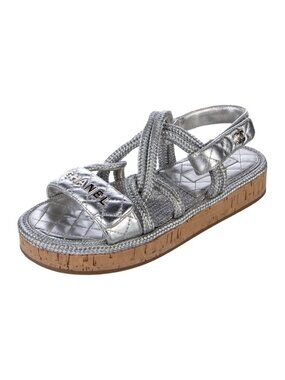 Chanel CC Logo Silver Leather Fisherman Dad Platform Sandals